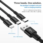 Nova 3 in 1 Charging Cable Metal Pin Nylon Braided Cable (Black) - Image 3